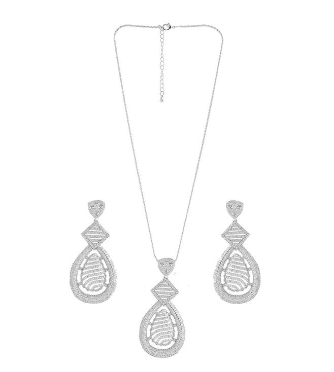 shaze silver geometric lines cubic zirconia wavy drop pendant & earring set
