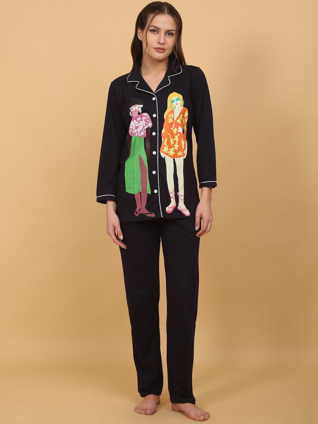 she n she graphic printed lapel collar night suit