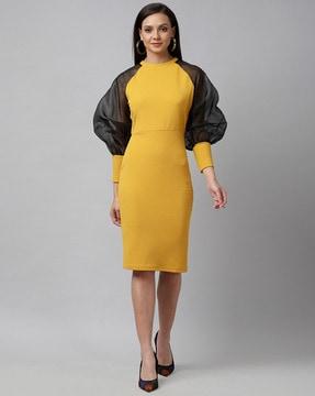 sheath dress with contrast bishop sleeves