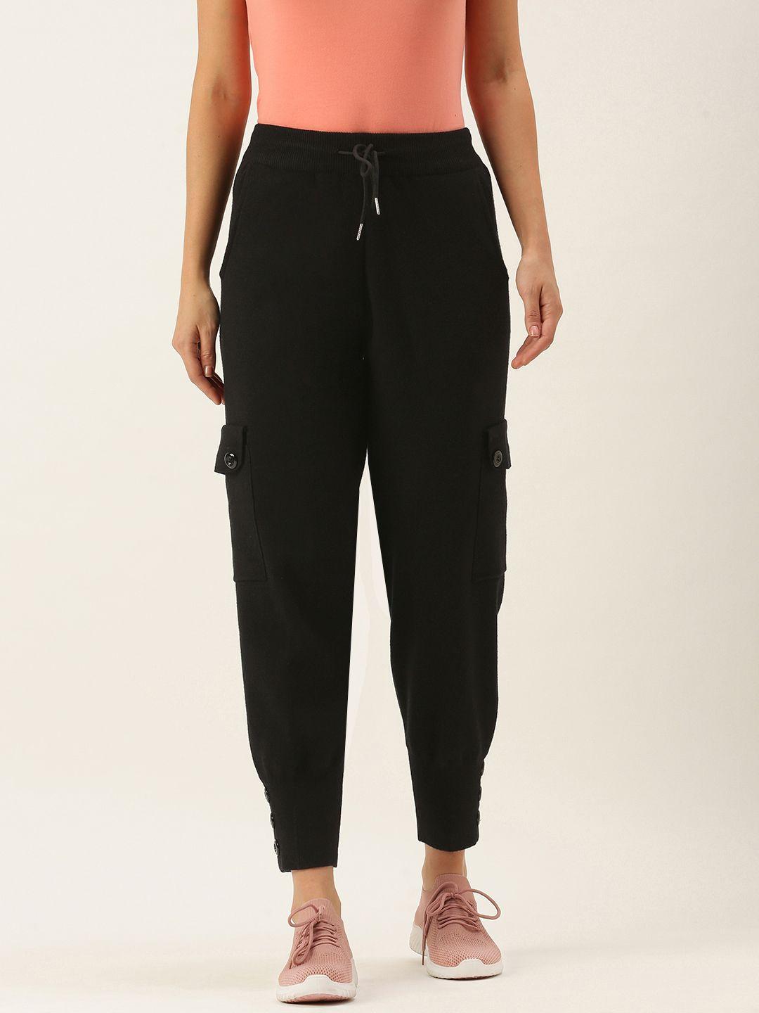 sheczzar women black solid joggers with button detail