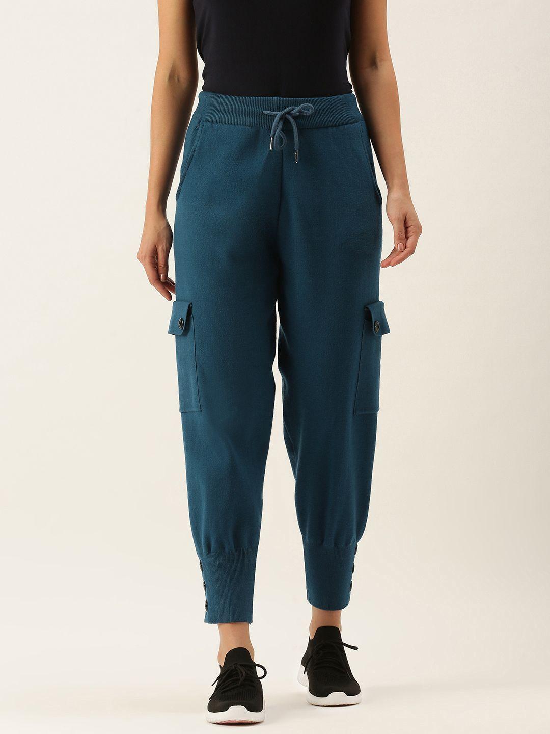 sheczzar women teal blue solid joggers with button detail