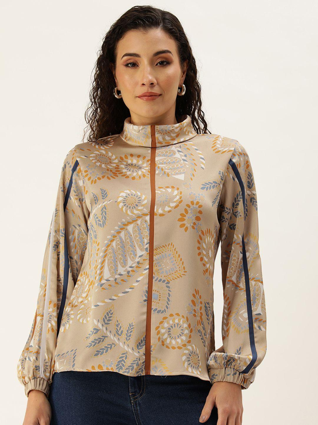 sheczzar ethnic motifs printed high neck puff sleeves  top