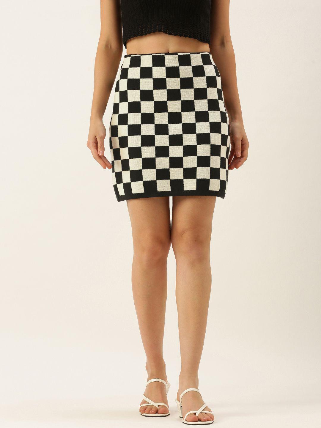 sheczzar women black & white checked straight skirt