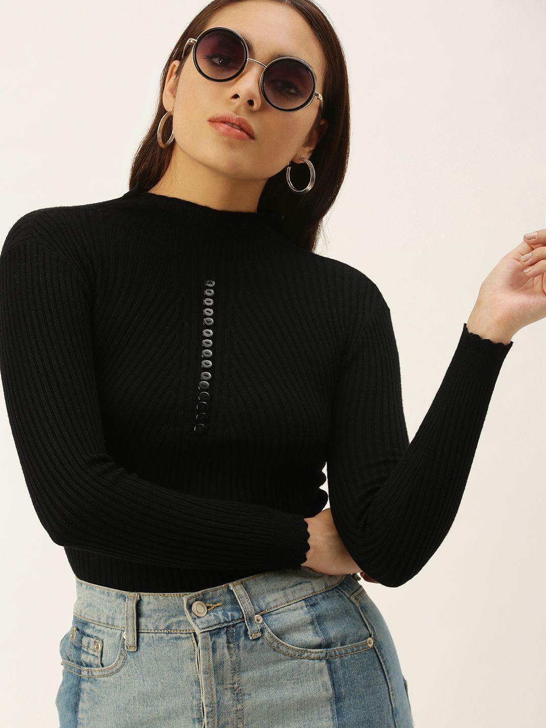 sheczzar women black ribbed pullover with button detail