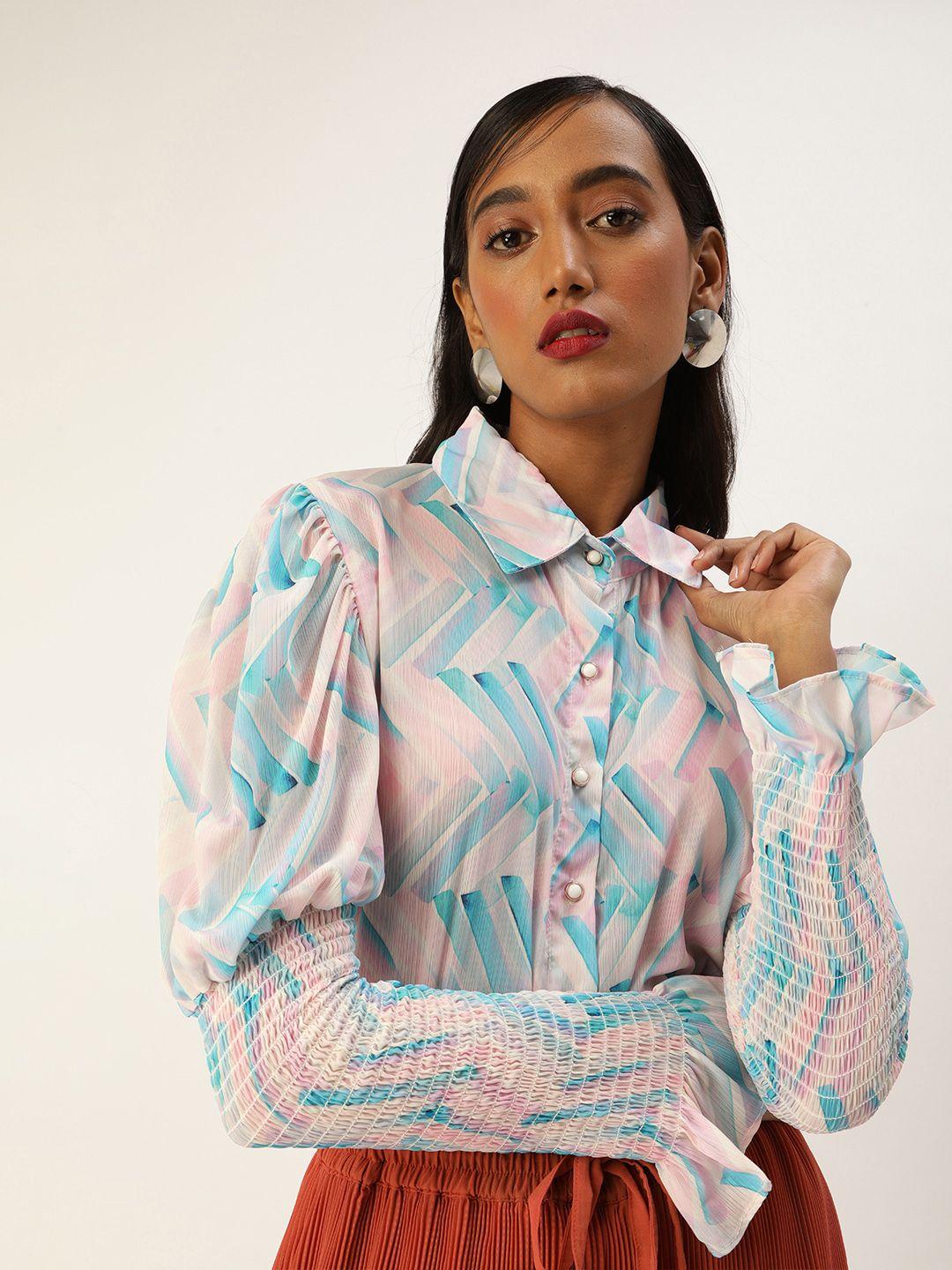 sheczzar women blue & pink regular fit printed smocked casual shirt