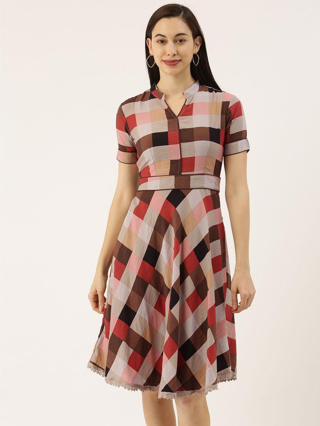 sheczzar women multicoloured checked fit and flare dress with lace inserts