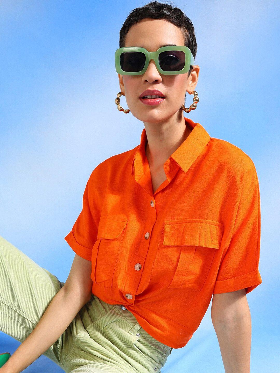 sheczzar women orange opaque casual shirt