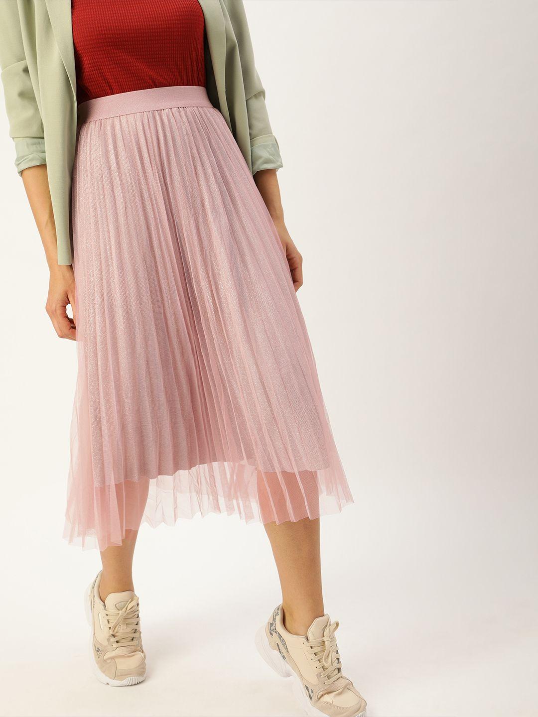 sheczzar women peach-coloured shimmery accordion pleated flared skirt