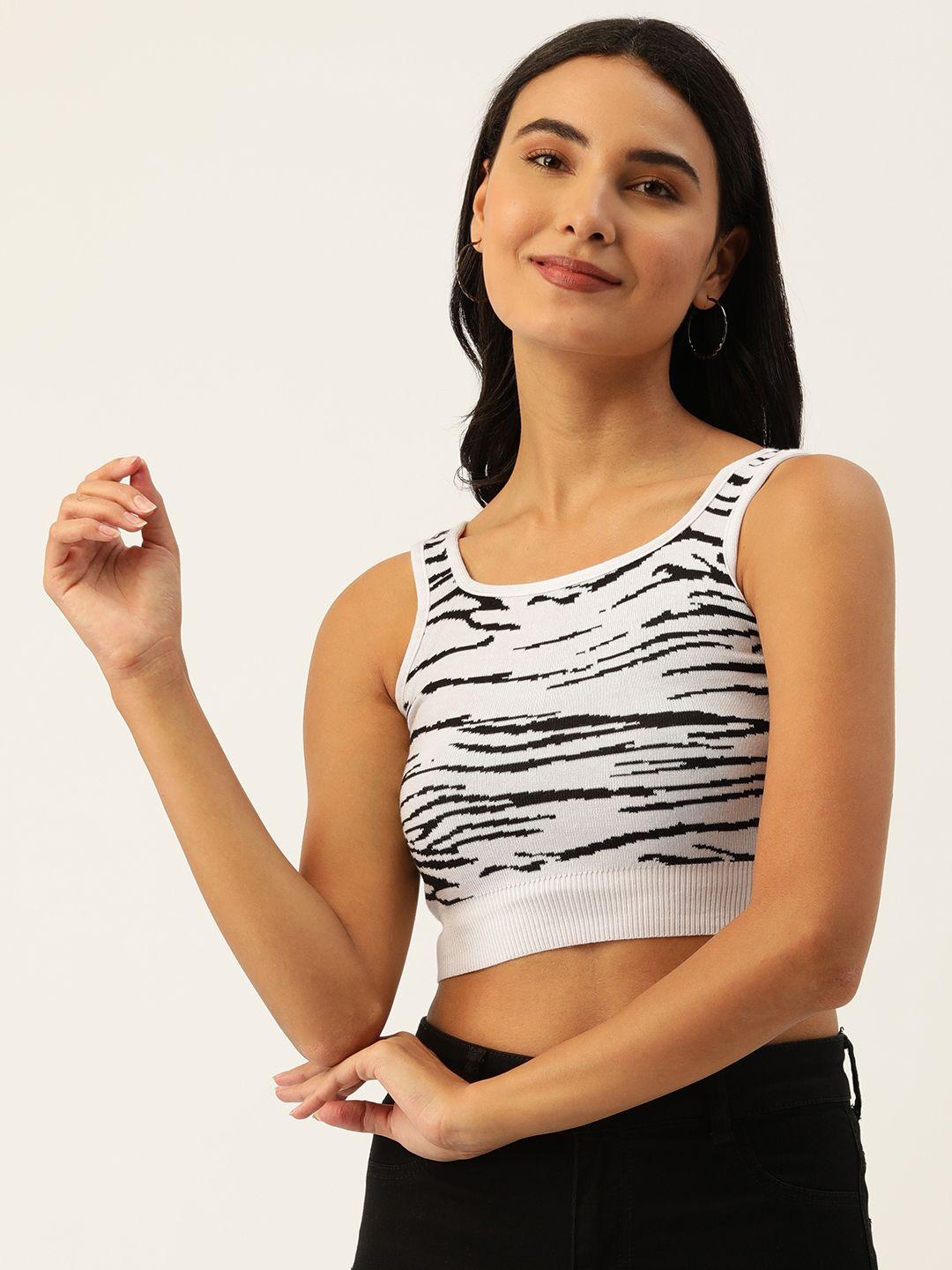 sheczzar women white & black animal print tank crop top