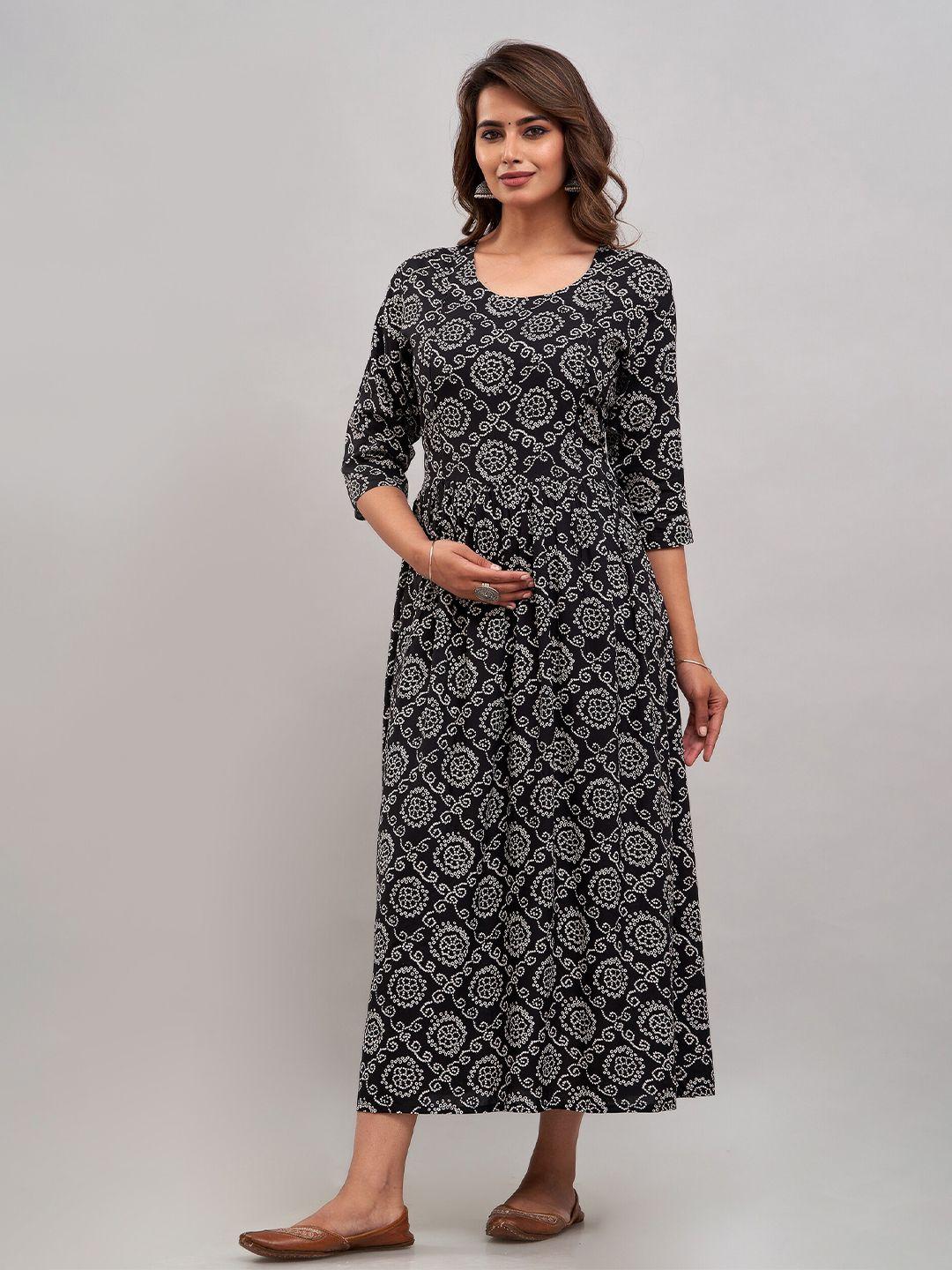 shedika black ethnic motifs print maternity maxi midi dress