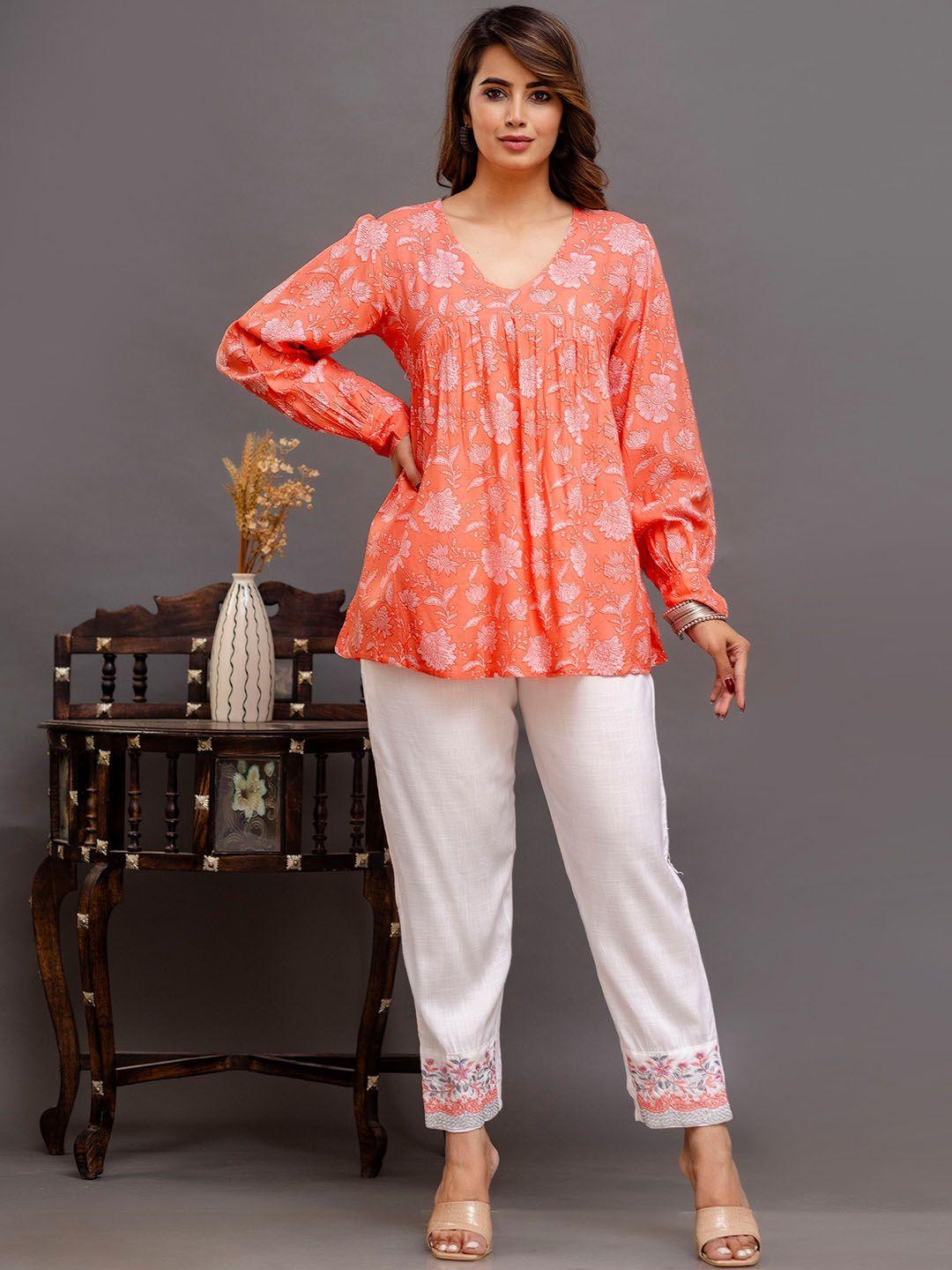 shedika floral printed pure cotton v-necktunic with trousers co-ords