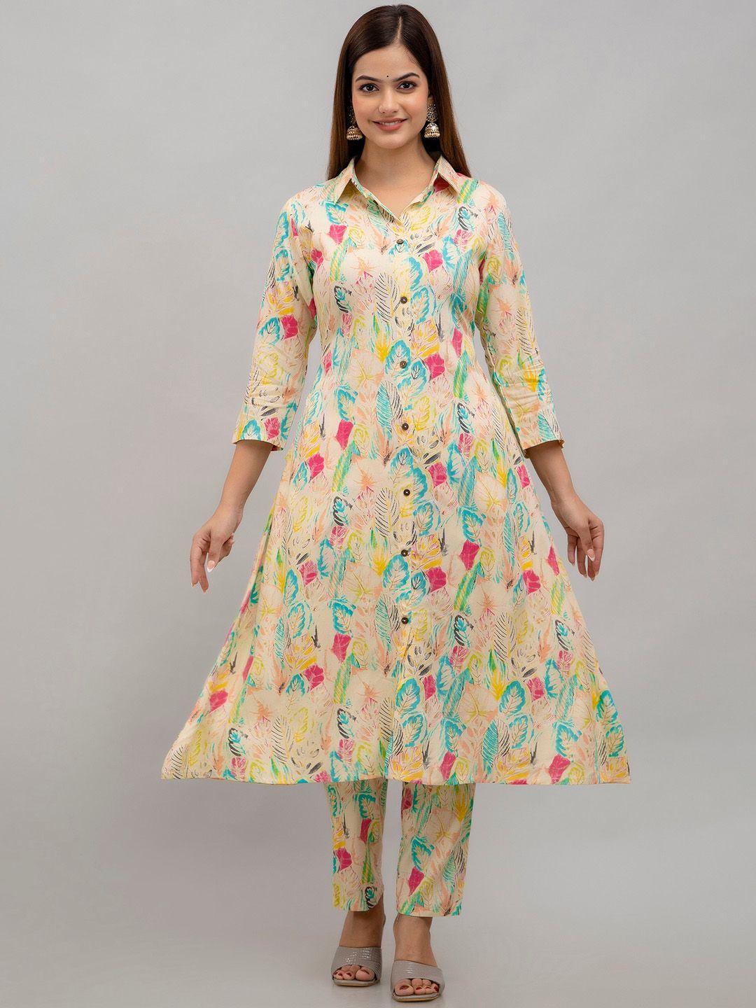 shedika floral printed shirt collar a-line kurta with trousers