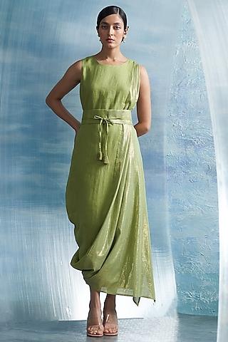 sheen green linen & cotton shimmer draped dress