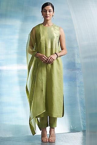 sheen green linen & cotton shimmer kurta set