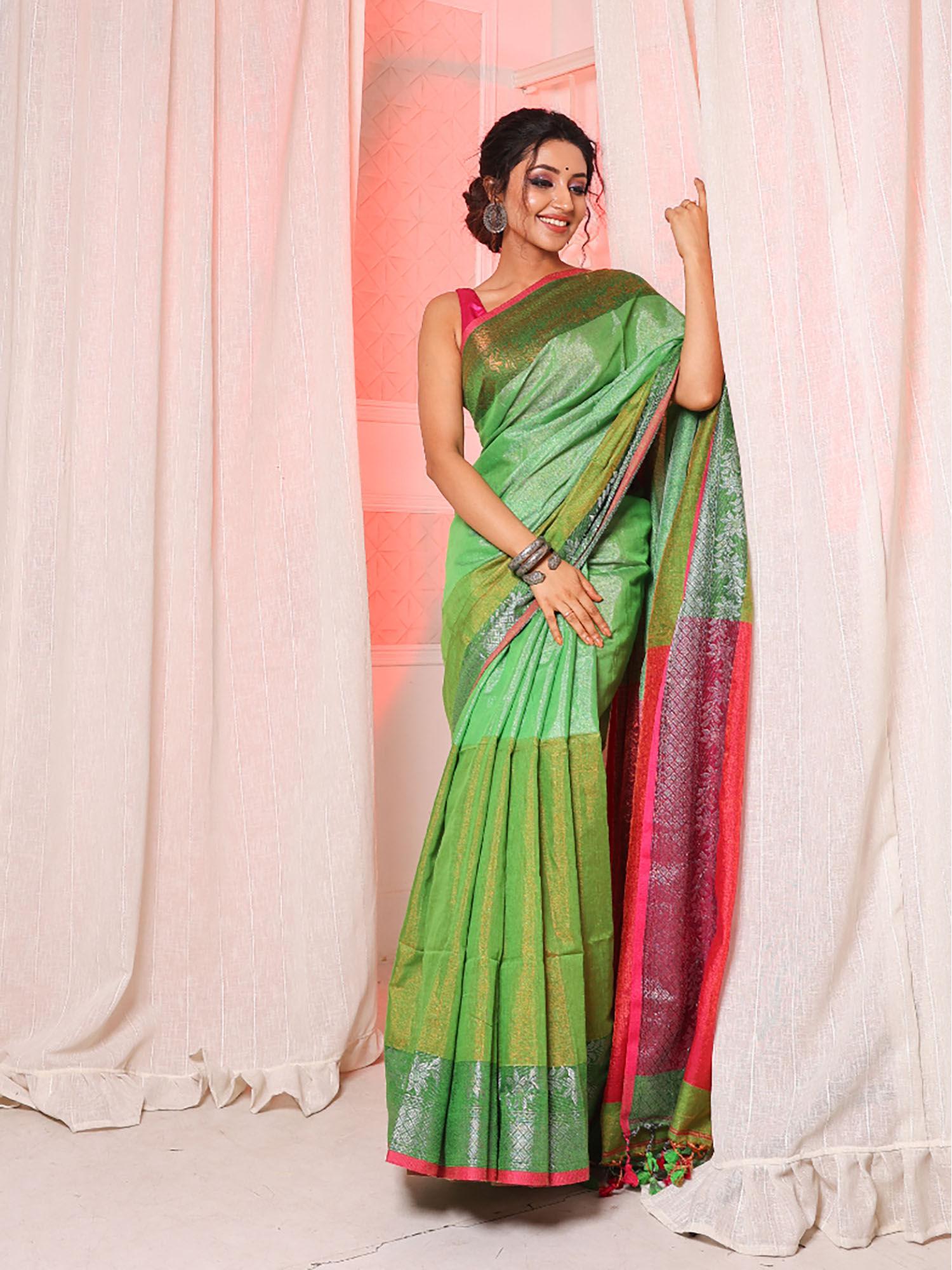 sheen green tissue cotton handwoven saree with zari woven borders with unstitched blouse