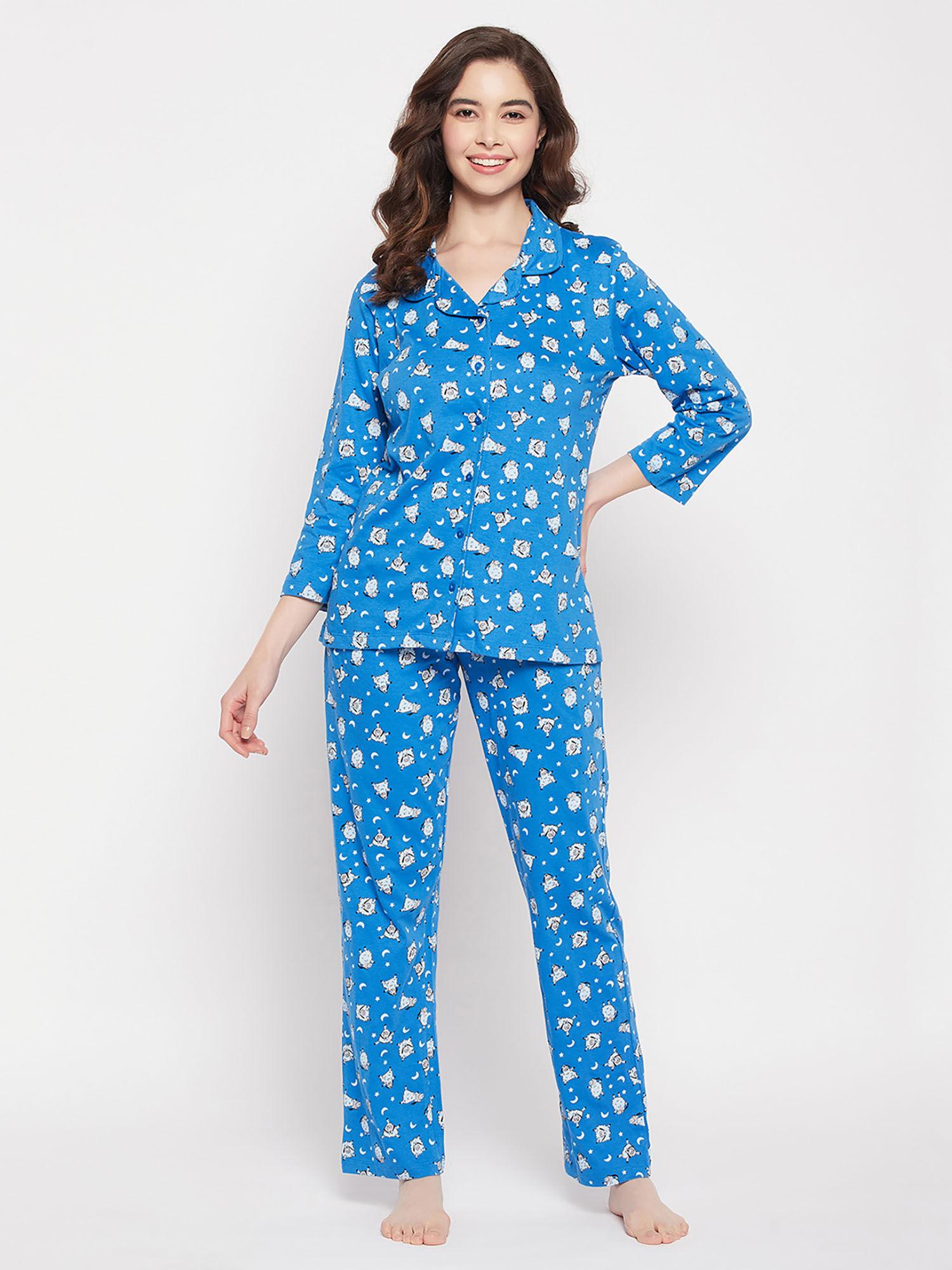 sheep print button down shirt & pyjama sky blue - 100% cotton (set of 2)