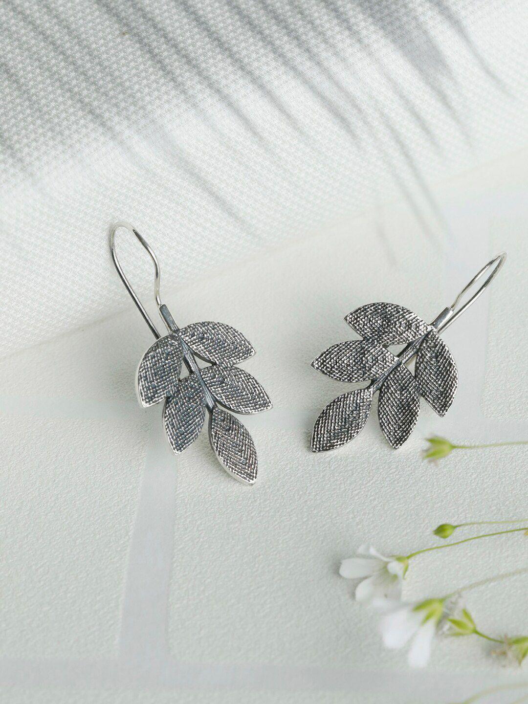 sheer by priyaasi silver-toned 92.5 sterling silver leaf shaped drop earrings