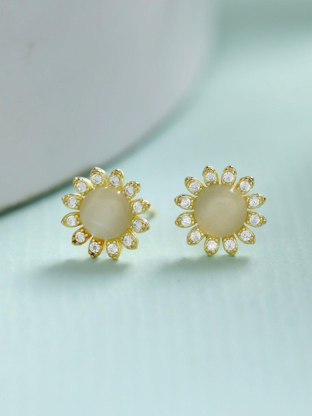 sheer by priyaasi white & gold-plated floral shape sterling silver studs earrings