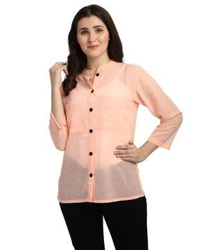 sheer mandarin collar button-up  shirt