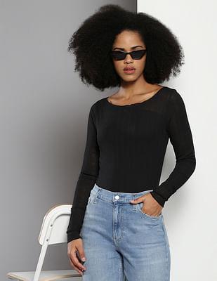 sheer ribbed long sleeve top