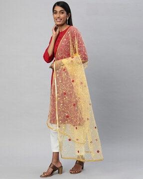 sheer-through dupatta with floral embroidery
