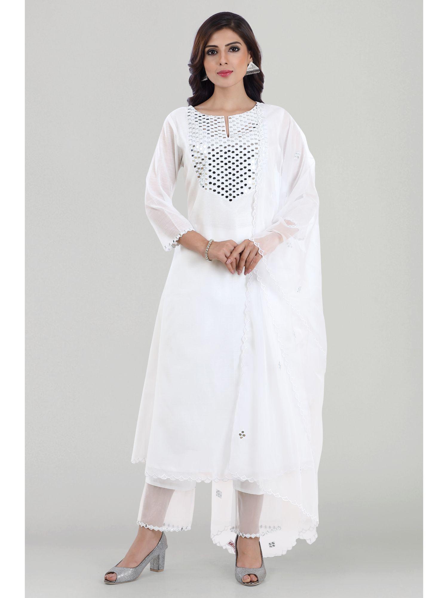 sheesha white mirror embroidered chanderi kurta with pants and dupatta (set of 3)