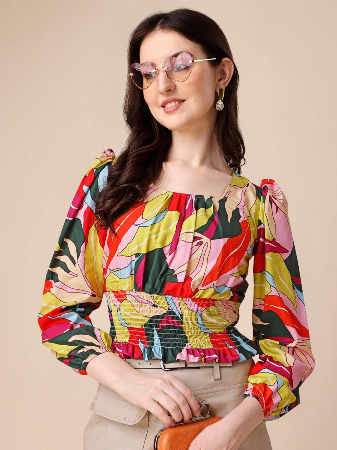 sheetal associates abstract print puff sleeve smocked crepe crop cinched waist top