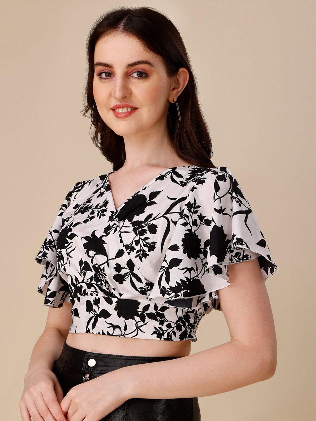 sheetal associates floral print flutter sleeve crepe wrap crop top