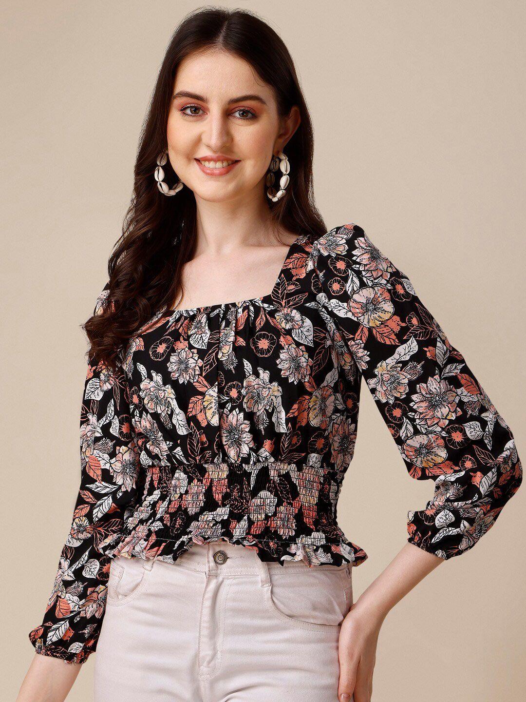 sheetal associates floral print smocked crepe cinched waist top