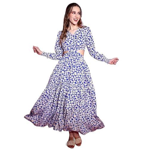 sheetal associates women's crepe fit and flare printed full sleeve v-neck casual dress blue