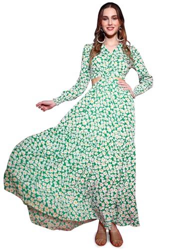 sheetal associates women's crepe fit and flare printed full sleeve v-neck casual dress green