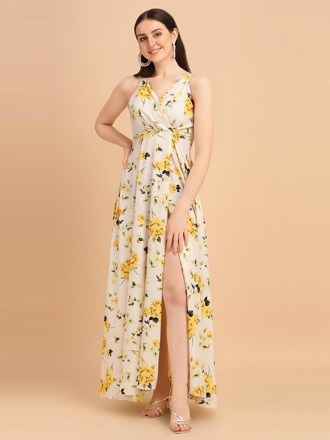 sheetal associates women cream-coloured & yellow floral crepe maxi dress
