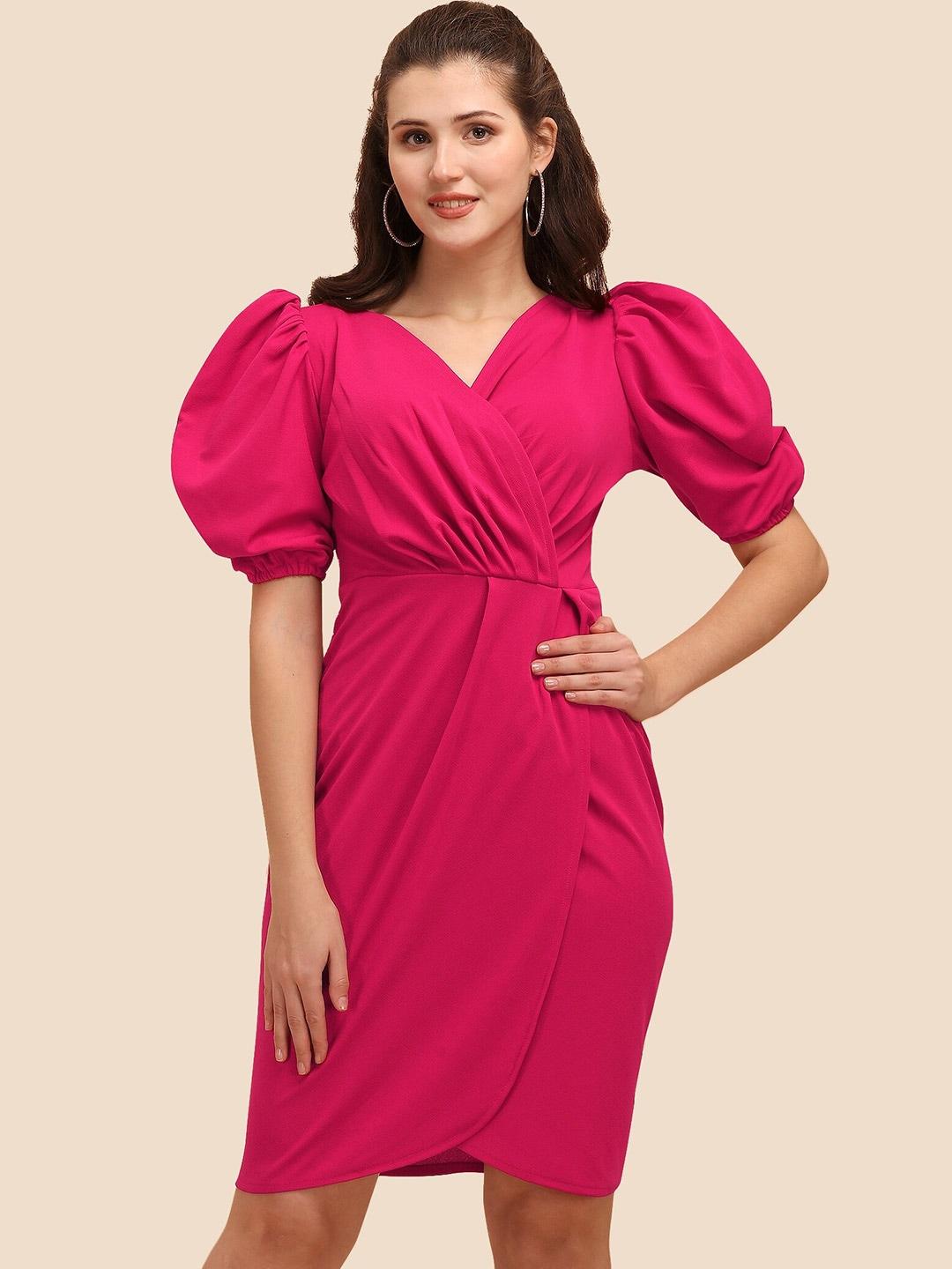 sheetal associates women pink wrap pattern puff sleeves dress