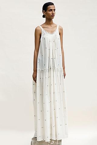 shell-colored handloom cotton linen flared maxi dress