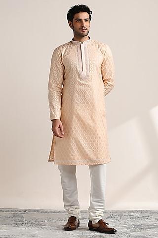 shell pink blended cotton embroidered kurta set