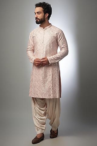 shell pink raw silk embroidered kurta set