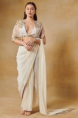 shell white georgette pre-draped jacket saree set