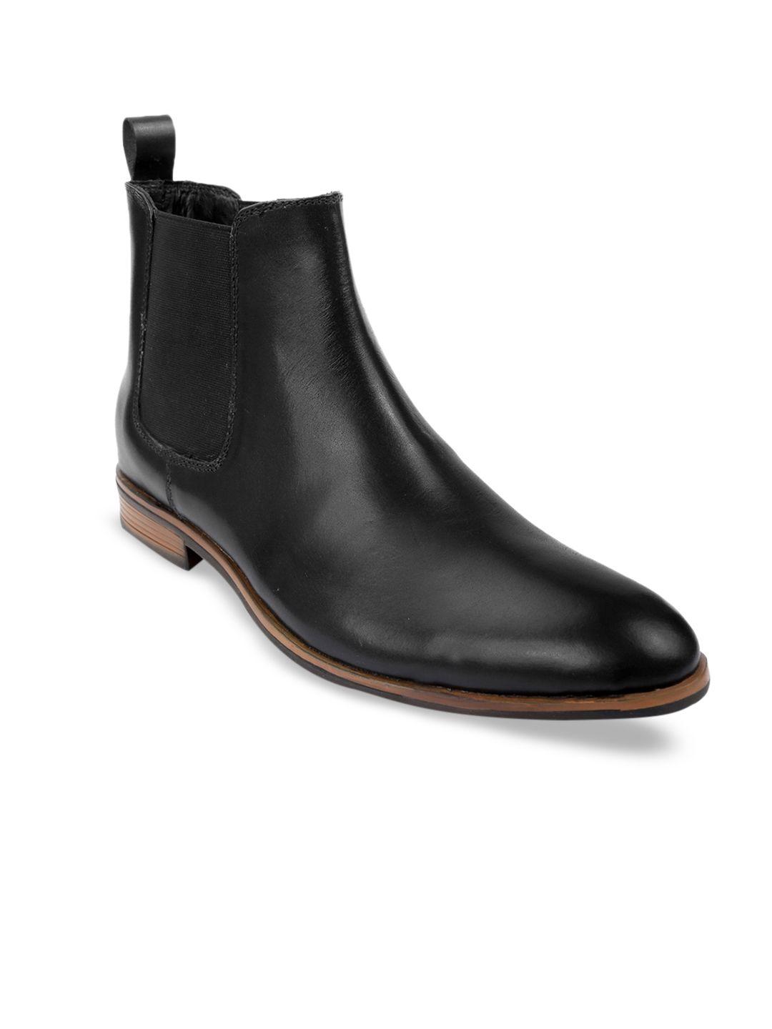 shences men black solid genuine leather mid-top lightweight chelsea boots