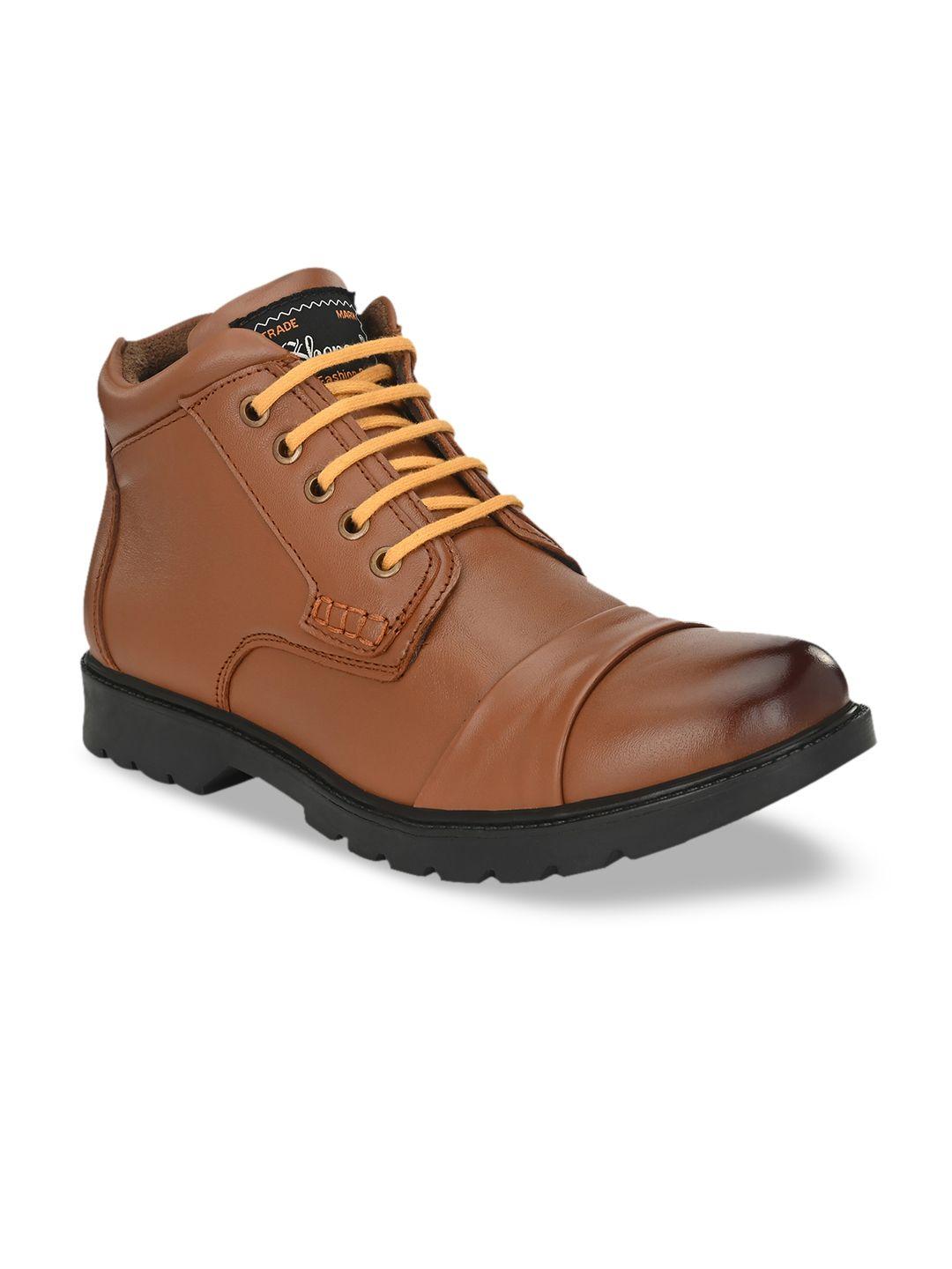 shences men brown solid genuine leather mid-top flat boots