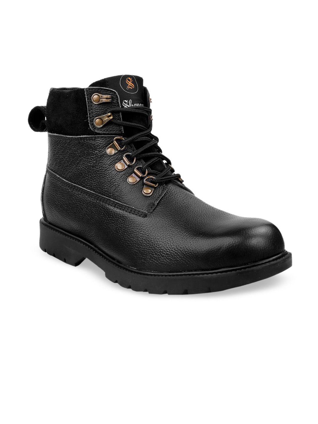 shences men black mid top leather flat boots