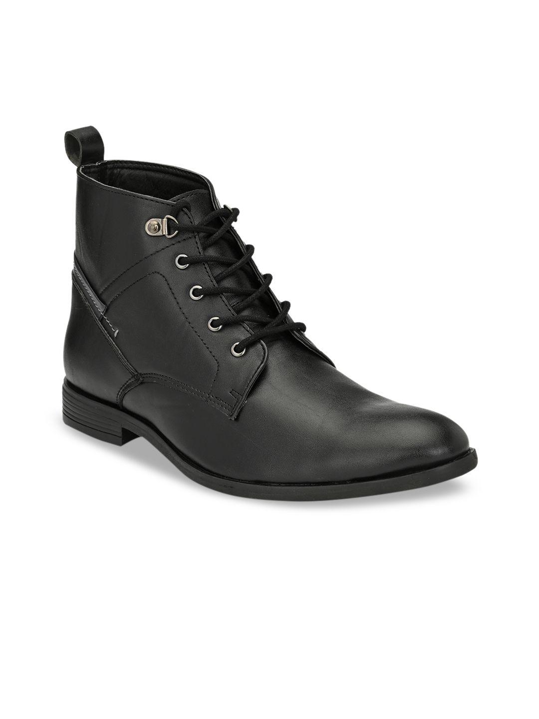 shences men black solid synthetic leather mid-top flat boots