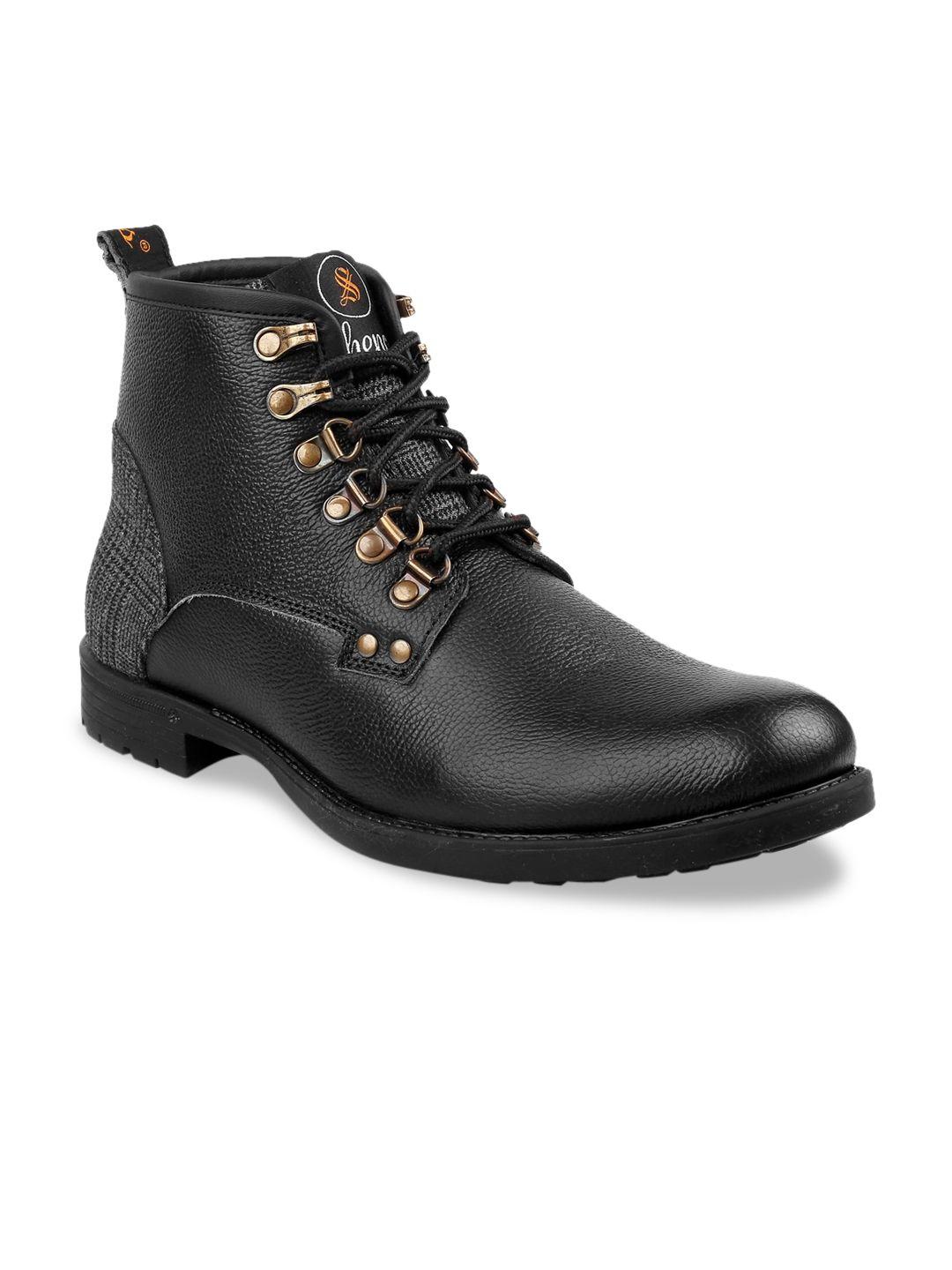 shences men black textured leather flat boots