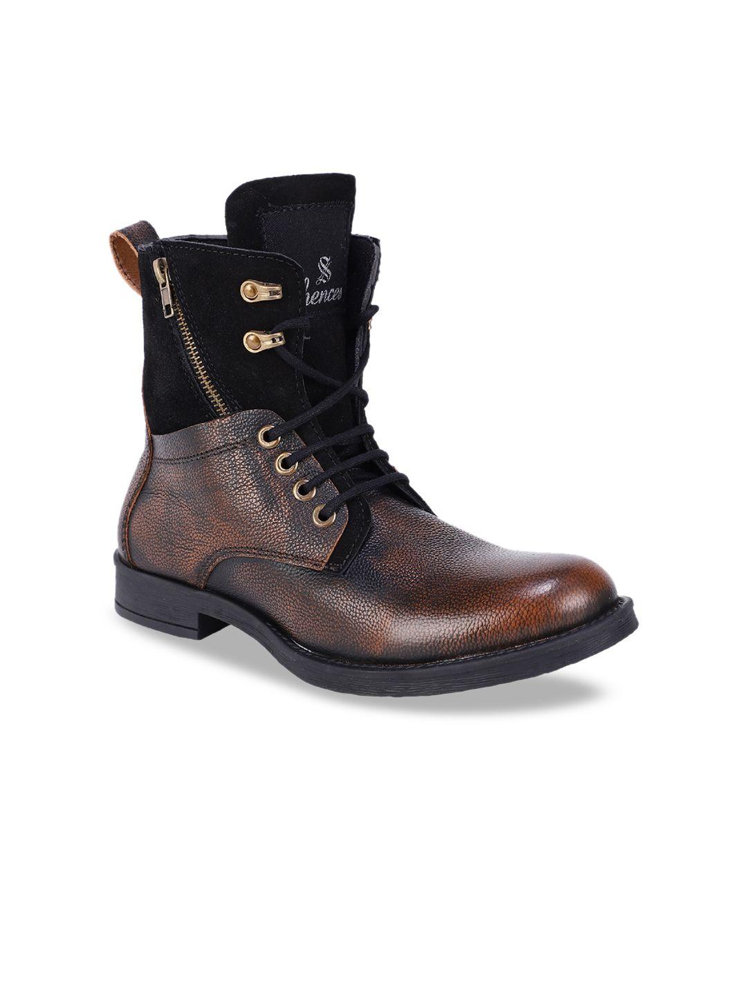 shences men brown colourblocked genuine leather high-top flat boots