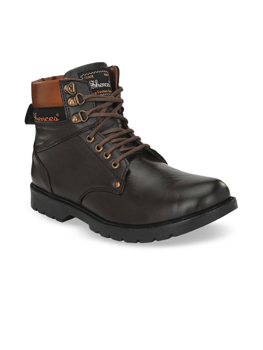 shences men brown colourblocked leather mid-top flat boots