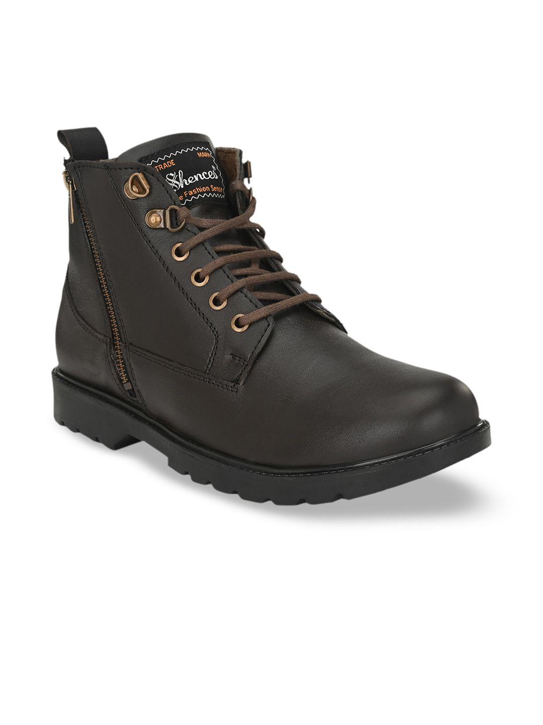 shences men brown solid leather mid-top flat boots