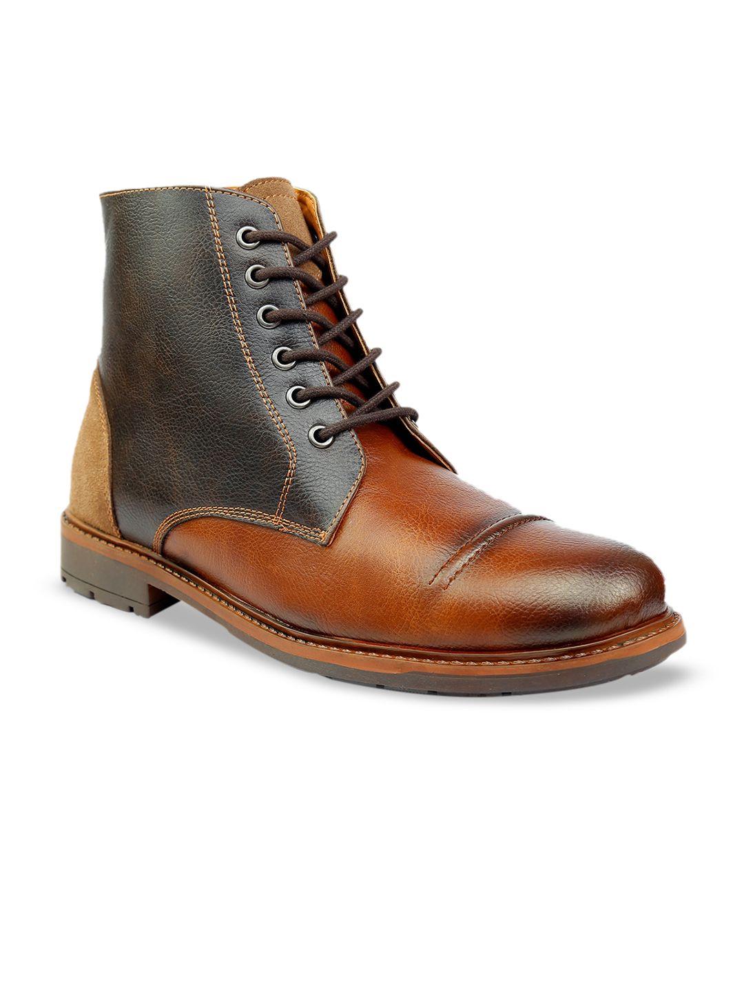 shences men colourblocked mid-top leather biker boots