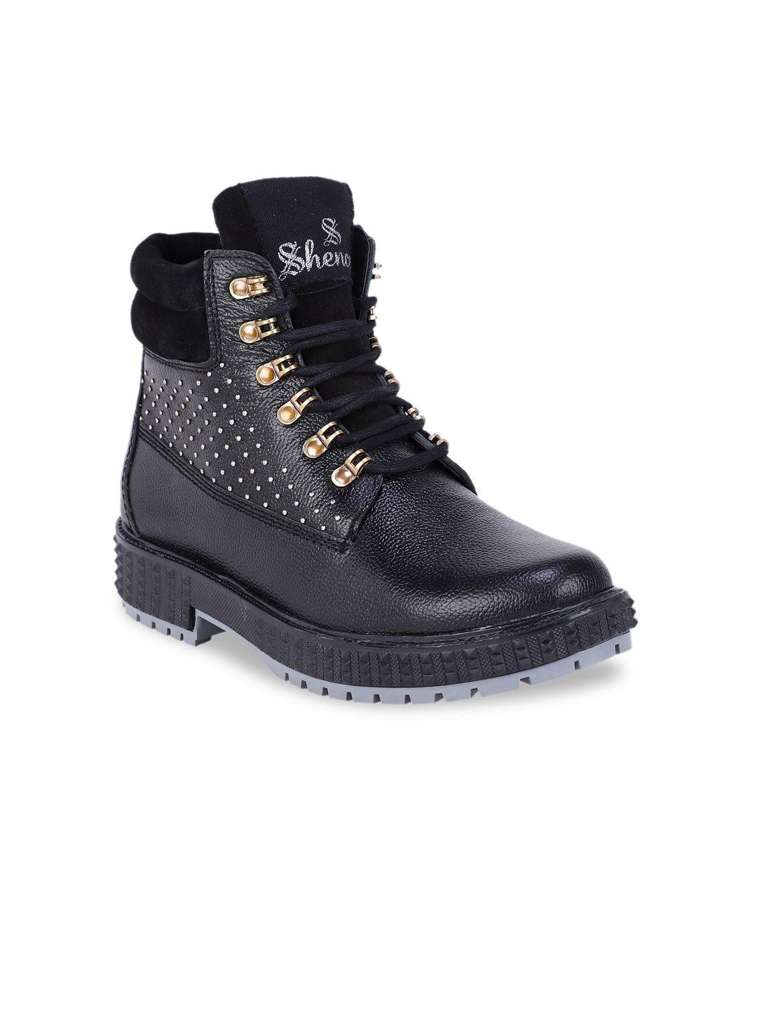 shences men embellished genuine leather biker boots