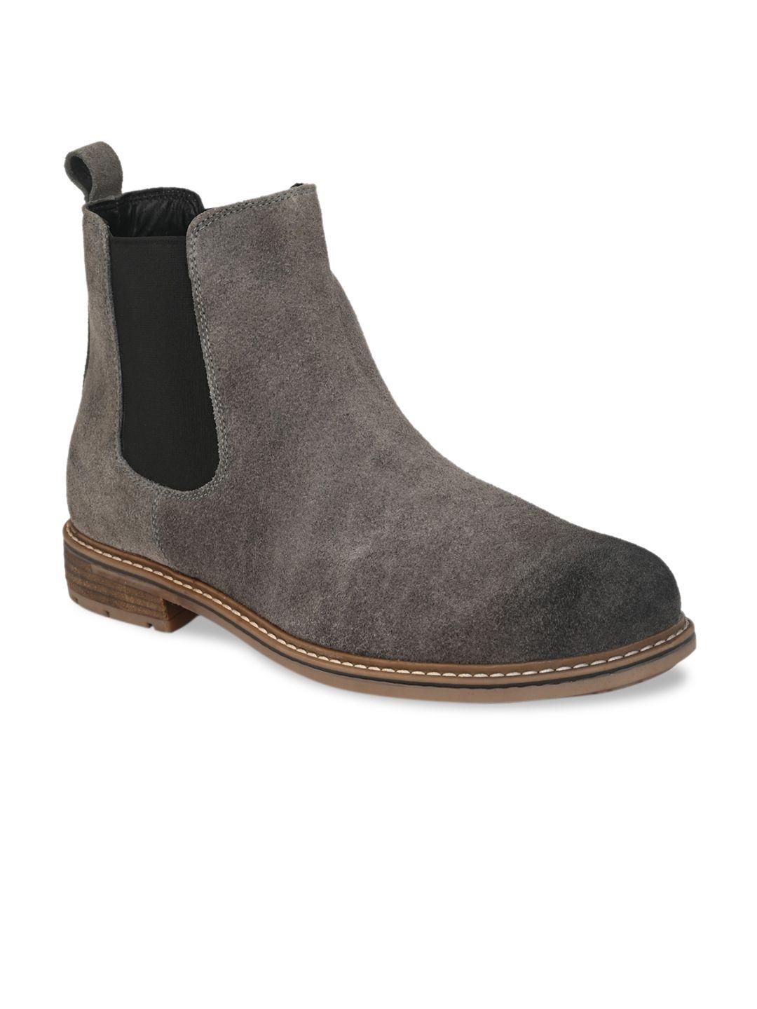 shences men grey solid suede leather high-top chelsea boots