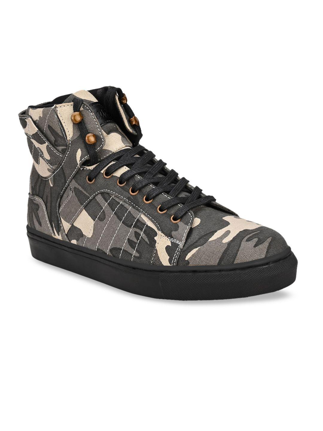 shences men olive green & cream-coloured printed canvas mid-top sneakers