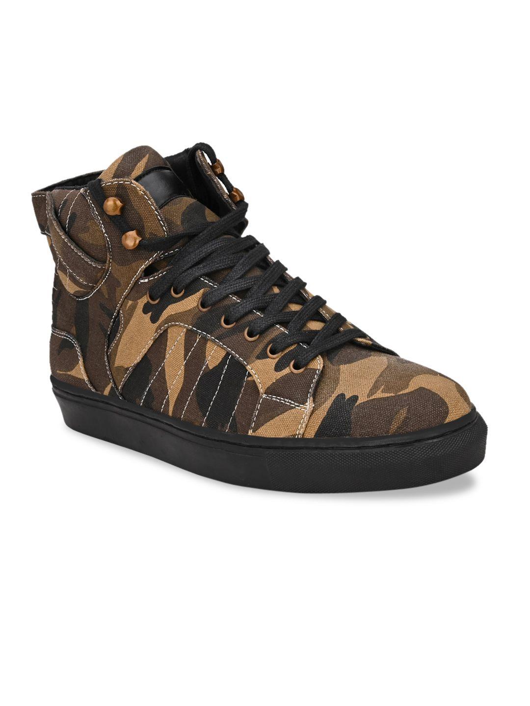 shences men olive green printed canvas mid-top sneakers